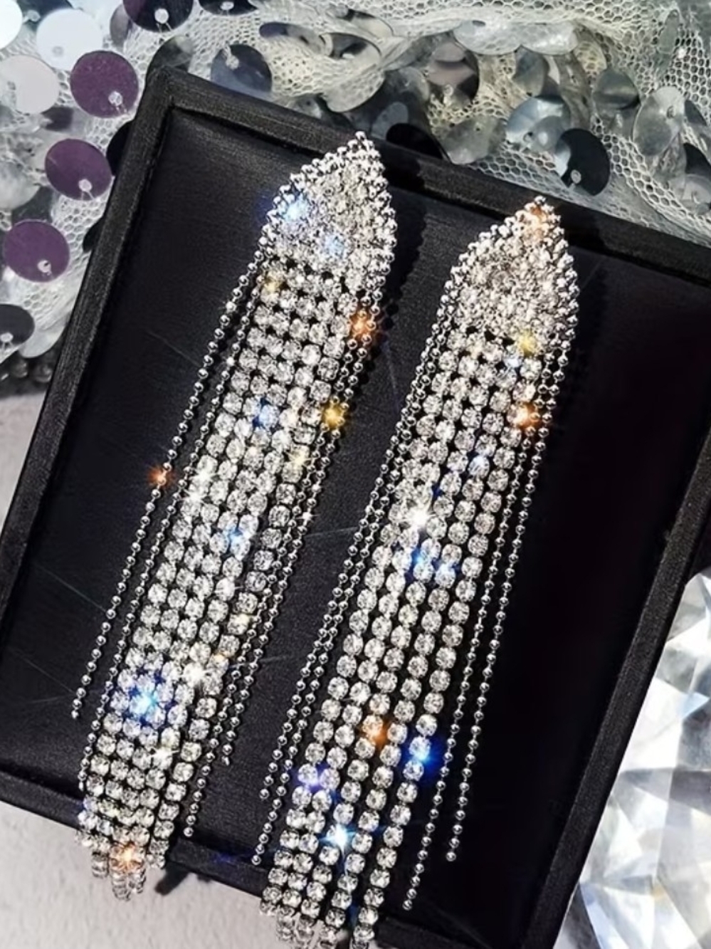 Silver Crystal Fringe Drop Earrings - Glamorous Rhinestone Cascade